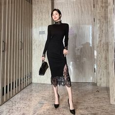 Black Long Sleeve Bodycon Knitted Lace Midi Dress Lace Spring Dress, Long Sweaters For Women, Black Lace Midi Dress, Women Lace Dress, Knitted Lace, European Dress, Long Sweater Dress, Lace Splicing, Womens Knit Dresses