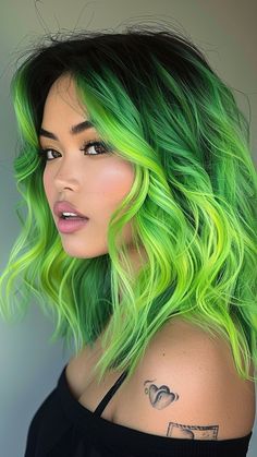 25 Enchanting Green Ombre Hair Styles Green Color Melt Hair, Vivid Hair Color Green, 3 Color Ombre Hair, Green And Rainbow Hair, Ombré Green Hair, Black And Green Ombre Hair, Green Vivid Hair Color, Ombré Color Hair, Edgy Hair Ideas