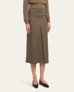 Loro Piana "Lise" overcheck skirt with an inverted front pleat    Midi length    High waist    Straight silhouette    Virgin wool    Dry clean    Made in Italy Lora Piana, Piano Dress, Wool Midi Skirt, Dress 2024, Pattern Ideas, Loro Piana, Angelina Jolie, Midi Length, Midi Skirt