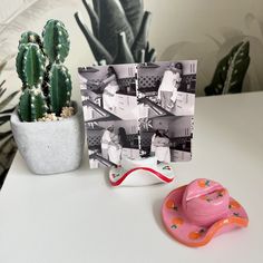 a cactus sitting on top of a table next to a photo