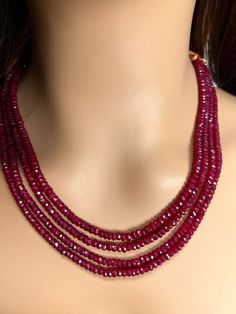 "AAA Natural Ruby Gemstones 4-4.5mm Multi Strand, 4 Line Layering Rondelle Necklace 16\"Plus 9\" Adjustable Thread. Dark rich red burgundy multi line necklace. 340 carats  Beautiful gift  Materials: Natural Gemstone, Ruby. Carats : 340 carats for 4 line ruby" Rondelle Necklace, Bib Necklaces, Red Burgundy, Ruby Gemstone, Natural Ruby, Multi Strand, Burgundy Red, Natural Gemstones, Beaded Jewelry