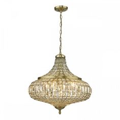 a large chandelier hanging from the ceiling with crystal beads on it's sides