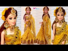 three pictures of barbie dolls dressed in yellow dresses and headpieces, one is wearing a tiara