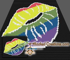 a cross stitch pattern with the words hooked creations on it and an image of two colorful lips