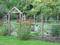 the garden is full of flowers and plants, including roses growing in the fenced area