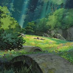 an anime scene with green grass, rocks and trees in the foreground as sunlight streams through the sky