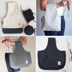 four pictures showing different types of aprons and crochet hooks, including one for knitting