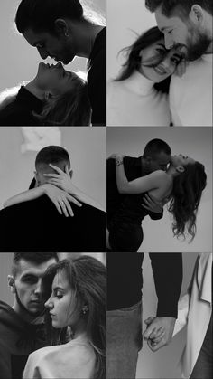 black and white photo collage of two people kissing each other with their arms around one another