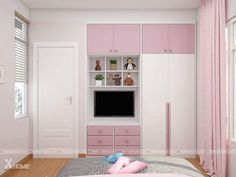 a bedroom with pink and white furniture in front of a flat screen tv mounted on the wall