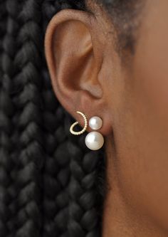 2 freshwater pearls float on the earlobe. Studs can be worn alone and larger pearl backings can also be worn with another of your favorite stud earrings. Sold as a pair with recycled 14k yellow gold posts and backs. Ear Jacket backs are also available without the studs, so you can make your own combinations! Shown her for inspiration: The Pearl backings with our Pavé Mini Esme Studs, Spark Studs and Andromeda Stud Earrings. ◆ Made to order ◆ 8-8.5mm Natural White Freshwater Pearl Backs ◆ 6-6.5mm Single Pearl, Ear Jacket, Authentic Jewelry, White Freshwater Pearl, Jewel Box, Pearl Studs, Ring Bracelet, Fresh Water, Freshwater Pearls