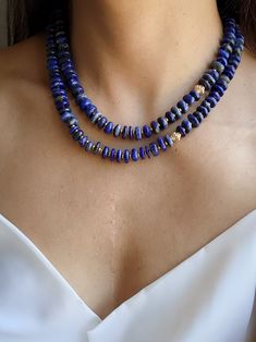 Elevate your style with this exquisite Necklace with Lapis Lazuli natural stone. This versatile piece is a symbol of confidence with its contrast of style and organic marine elements. Simple sophistication casual easy to match dress up dress down or layer. A timeless elegant piece of jewelry that will impress time and time again. Details: AA+ Quality stone carefully hand selected. Length: 17 inches + 1.5 inch extender chain Sustainable and natural materials Handcrafted in our studio in Florida S Lapis Necklace, Large Bracelet, Blue Beaded Necklace, Lapis Lazuli Necklace, Small Bracelets, Beaded Stretch Bracelet, Beaded Jewelry Diy, Something Blue, Jewelry Diy