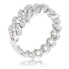 This rhodium plated flexible chain ring offers a classic touch but with endless texture. A half stationary linked chain backing offers its wearer a sense of security. Paired with a flexible chain top half carefully embedded with delicate clear CZ round cut stones this everyday accessory offers a subtle splash of shine to each moving day. Plating Color: Silvertone Stone Size: 1.3mm Chain Top, Linking Rings, Eternity Band Ring, Diamond Chain, Silver Band Ring, Brass Jewelry, Chain Ring, Pricing Jewelry, Silver Diamonds