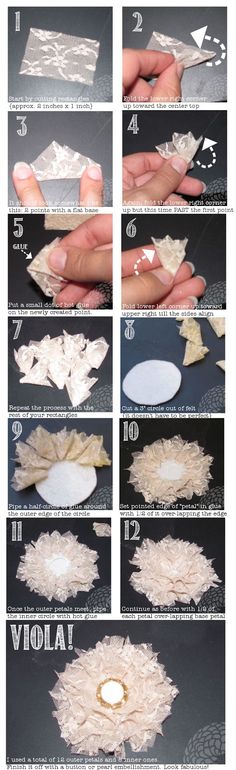 instructions to make an origami flower out of tissue paper and glue on the petals