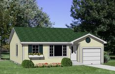 a small house with a green roof and two garages in the front yard is shown