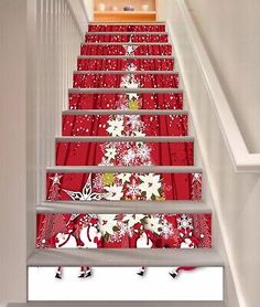 christmas tree on the stairs with snowflakes and stars decal wall sticker