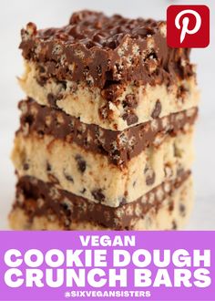 vegan cookie dough crunch bars stacked on top of each other with text overlay