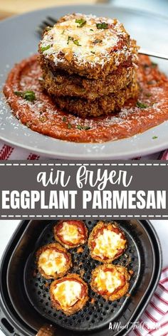 an eggplant parmesan is stacked on top of each other with the title overlay