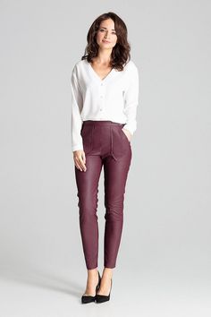 Maroon tailored trousers made of eco-leather. Wide rubber band at the waist, at the back. Large patch pockets at the front. Lace Neckline Dress, Brown Leather Pants, Sporty Dress, Long Trousers, La Fashion, Leather Trousers, Rubber Band, Mens Casual Outfits, Tailored Trousers