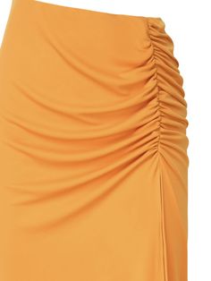 -Riri long dress -Symetric shoulder strap -Cut on the side -Draping on the skirt -Made in Italy -Colour: AmberComposition: 95% Polyester, 5% Elastane Party Midi Skirt With Ruched Detail, Evening Draped Ruched Skirt, Evening Ruched Asymmetrical Skirt, Ruched Draped Skirt For Evening, Evening Asymmetrical Ruched Skirt, Summer Fitted Midi Draped Skirt, Summer Midi Length Draped Skirt, Fitted Midi Draped Skirt For Summer, Fitted Midi-length Draped Skirt For Summer