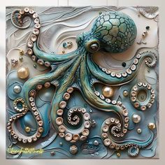 an octopus is depicted in this art work, with pearls and other things surrounding it