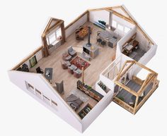 an overhead view of a two bedroom, one bath apartment with living room and kitchen