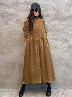 Original Solid Corduroy Lapel Dress ARMY GREEN-FREE SIZE Winter Dresses Plus Size Casual, Ladies Dresses Casual Winter, A Line Long Dress Casual Winter, Casual Maxi Dress With Sleeves Winter, Corduroy Tunic Dress Pattern, Cheap Playful Winter Dresses, Winter Dresses Plus, Long Sleeve Coduroy Dress, Cord Dress Patterns