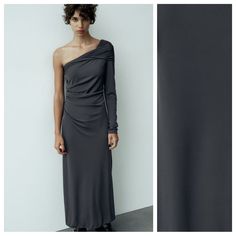 Nwt. Zara Anthracite Gray Draped Asymmetric Midi Dress Made Of Knit Fabric. Asymmetric Neckline With One Long Sleeve. Ruched Fabric. Side Hidden Zipper Closure. Size S. Ref. 4661/201. Pit To Pit 16,5" Flat, Sleeves 25", Waist 12", Length 55". 1004 Fitted One Shoulder Asymmetrical Dress, Pre-draped Asymmetrical One Shoulder Dress, Pre-draped Fitted One Shoulder Dress Asymmetrical, Pre-draped Fitted One Shoulder Dress, Pre-draped One Shoulder Fitted Dress, Fitted Asymmetrical Draped Dress For Fall, Ruched Asymmetrical Dresses For Fall, Fitted Draped Asymmetrical Dress For Fall, Asymmetrical Ruched Dresses For Fall