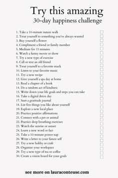 a pin that says in a large font 30-Day Happiness Challenge Positivity Challenge 30 Day, Ways To Be Positive, 30 Days Positivity Challenge, 30days Challenge Life, Better Me 28 Day Challenge, Be More Positive Challenge, How To Make Your Life Happy, Improve Mood Happiness, Healthy Life Challenge