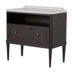 an end table with two drawers and marble top on the bottom, against a white background