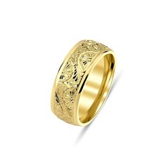 a gold wedding ring with an intricate design