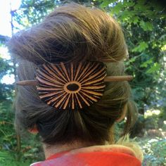 Far reaching vibrant solar rays make for one far out hair accessory! We're happy to craft the barrettes in other colors so shoot us a message if interested :)    *Made from Full-Grain American Leather.    * Secure in hair with durable wooden barrette stick (extra stick included with order).    * Large Barrette measures 2’’ high by 3'’ wide from inside of holes (ideal for thick medium/long hairstyles).    *Handcrafted in the heart of Pike Place Market, Seattle, WA, USA. Medium Long Hairstyles, Homestead Crafts, Large Barrette, Natural Brown Hair, Pike Place Market Seattle, Hair Accessories Bun, Leather Hair Accessories, Hippie Hair, Pike Place Market