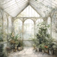 a painting of a greenhouse with potted plants