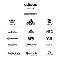 the logos for adidas and other brands are shown in black and white, as well as