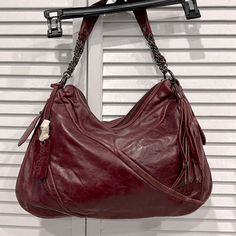 Beautiful Rich Deep Burgundy Brown Leather Shoulder Handbag With Very Nice Details. The Bag Is Not New But Never Worn, Has Some Discoloration Spots As Pictured. Burgundy Hobo Bag With Zipper For Daily Use, Burgundy Hobo Bag With Zipper Closure For Daily Use, Burgundy Shoulder Hobo Bag With Zipper Closure, Burgundy Hobo Bag With Zipper Closure, Burgundy Hobo Bag With Zipper For Everyday Use, Everyday Burgundy Hobo Bag With Zipper Closure, Burgundy Leather Hobo Shoulder Bag, Burgundy Leather Satchel Hobo Bag, Burgundy Soft Leather Crossbody Hobo Bag