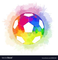 a soccer ball painted in rainbow colors on a white background with watercolor splashs