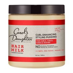 Carol's Daughter Hair Milk Curl Enhancing Styling Pudding 8 oz DEEPLY MOISTURIZES, IMPROVES SOFTNESS, PREVENTS FRIZZ! No Parabens, No Mineral Oil, No Artificial Colors, No Petroleum FOR CURLS, COILS, KINKS & WAVES. The perfect hold - touchable, flake-free and full of shine - to define and shape curls, coils, kinks and waves. Guar Gum holds curls in place and tames frizz and Avocado Oil leaves hair softer and stronger than before. Agave Nectar keeps moisture locked in for better definition and frizz control. The perfect curl simply needs the perfect hold - long-lasting, touchable and flake-free. This creamy pudding is every curly girl's styling must-have. It defines and shapes curls, coils, kinks and waves when they need a little extra control, and it's thick enough to hold any style but wo Hair Color Removers, Tjmaxx Finds, Hair Dryer Comb, Beard Wax, Hair Color Remover, Dream Makeup, Creamy Pudding