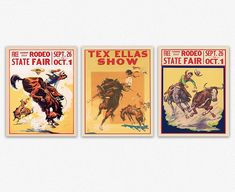 three vintage texas show posters are displayed on a white wall, with the same color scheme