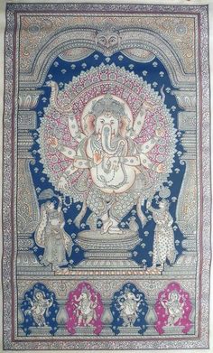 an elephant is depicted on a blue and pink wall hanging with other items around it