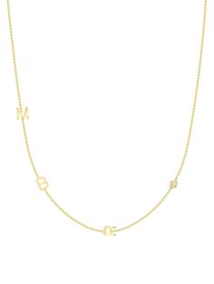 This 14k yellow gold custom tiny personalized necklace is made with three (3) initials of your choice. Monogram it to your liking! You can also choose to add a bezeled baguette or round diamond. Great to display your own initials, your children's initials for a new mom, or anyone else you want to wear close to your heart. Comes in chain lengths 16" & 18" or adjustable 18" with loops at 16" & 17" . Custom made, please allow 2-3 weeks for shipment. Details 14k yellow gold Bezeled Baguette 14k Gold Monogram Initial Necklace For Anniversary, Anniversary Yellow Gold Monogram Initial Necklace, Personalized Initials Yellow Gold Name Necklace, White Gold Initials Name Necklace In 14k, 14k White Gold Initials Name Necklace, Customizable Yellow Gold Initial Pendant Charm Necklaces, Customizable Yellow Gold Initial Pendant Charm Necklace, Customizable Yellow Gold Initial Pendant Necklace, Custom Yellow Gold Initial Pendant Necklace