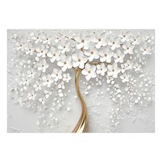 a white and gold tree with flowers on the branches is featured in this modern art piece