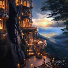 a staircase leading up to a castle like building with lights on the windows and balconies