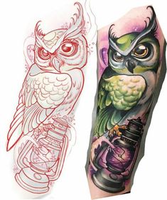 an owl tattoo on the arm and another bird with a lantern