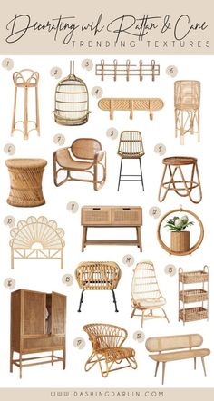 different types of rattan and cane furniture in various styles, sizes and colors with text overlay