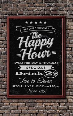 a brick wall with a sign that says happy hour