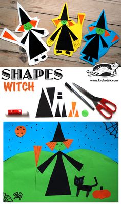 paper cut out shapes and scissors on a wooden background with text that says shapes witch