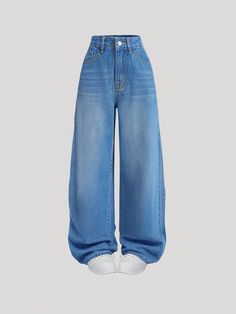 Light Wash Casual Collar  Denim Plain,All Over Print Wide Leg Embellished Non-Stretch  Women Clothing Jeans With Pockets, Neat Casual Outfits, Shein Jeans, Fashion Top Outfits, Baggy Clothes, Fall Jeans, Jeans Casual, Wide Jeans