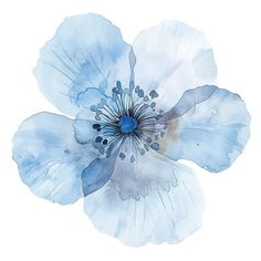 a blue flower on a white background with watercolors in the bottom right corner