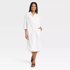 Women's 3/4 Sleeve Midi Shirtdress - Universal Thread™ : Target Long Sleeve Ruffle Dress, Orange Midi Dress, Oversized Shirt Dress, Sleeveless Jumper, Gauze Dress, Oversized Dress, Midi Short Sleeve Dress, Fabric Collars, Midi Shirt Dress