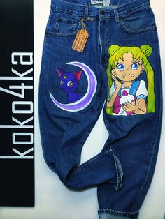 "Sailor Moon - jeans art - festive clothing- jeans with hand-painted - art on jeans - portrait- women's jeans - vintage jeans - OLD NAVY - L We will make similar jeans for you in any size on request jeans in stock! jeans are available to order! Vintage OLD NAVY - L 100% cotton measuring jeans: waist inches (half volume) length inches thighs inches (half volume) Under the order we will draw any drawings on jeans. Any size jeans of your choice. Write us a personal message and we will discuss every Hand Painted Denim Jeans For Streetwear, Artistic Hand Painted Denim Bottoms, Artistic Straight Leg Denim Jeans, Artistic Hand Painted Denim Jeans, Hand Painted Straight Leg Cotton Jeans, Trendy Hand Painted Cotton Jeans, Blue Hand Painted Cotton Jeans, Trendy Hand Painted Blue Jeans, Restyling Clothes