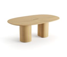 an oval wooden table sitting on top of a white floor